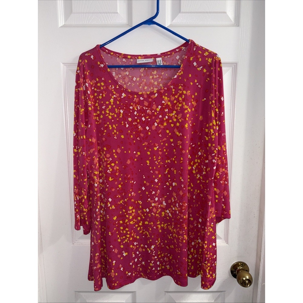 Susan Graver Top Size 1X Long Sleeve Scoop Neck Pink Confetti 3/4 Sleeves